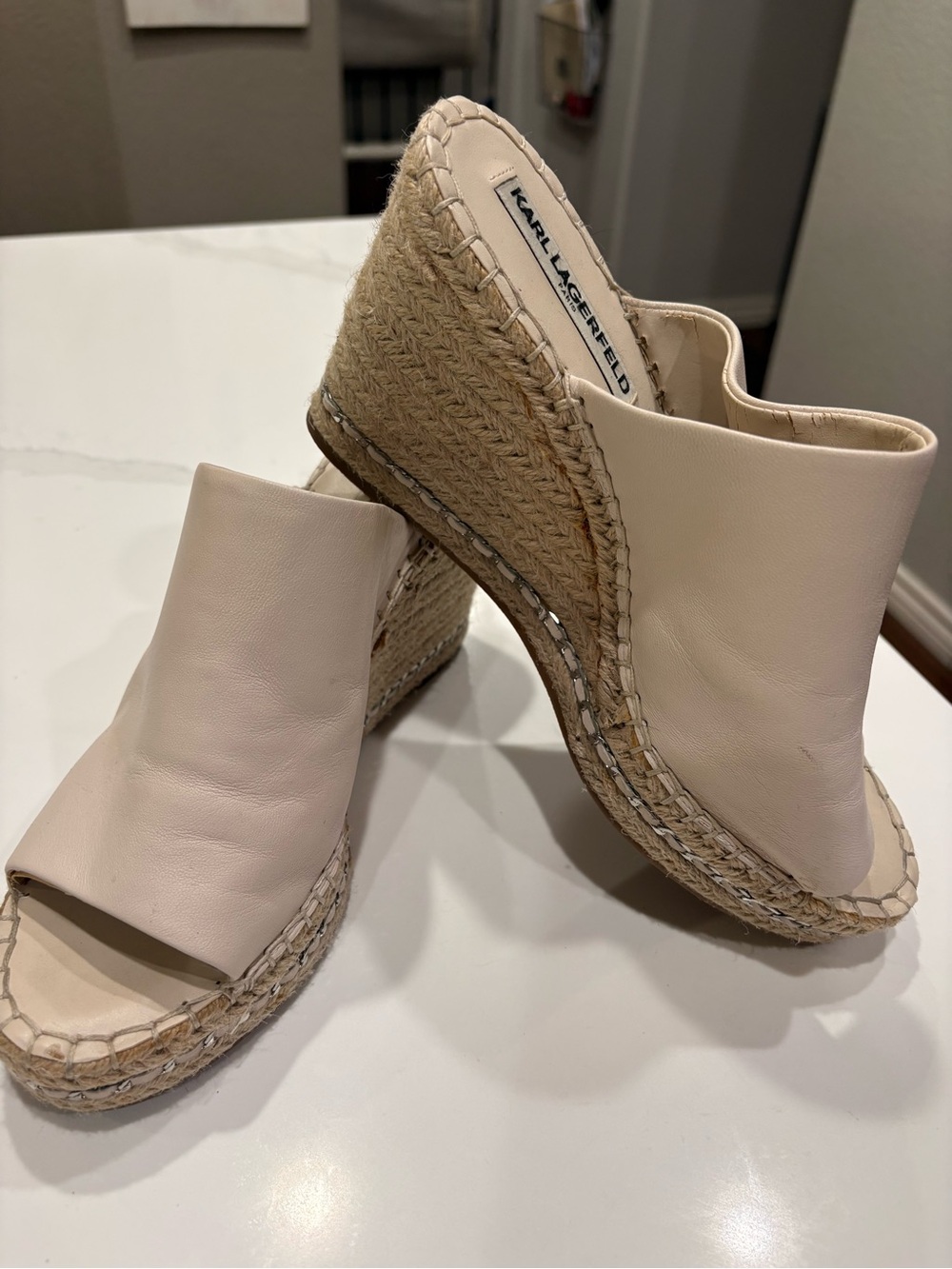 W-10- Karl Lagerfeld Neutral Leather Espadrille Wedge Mules